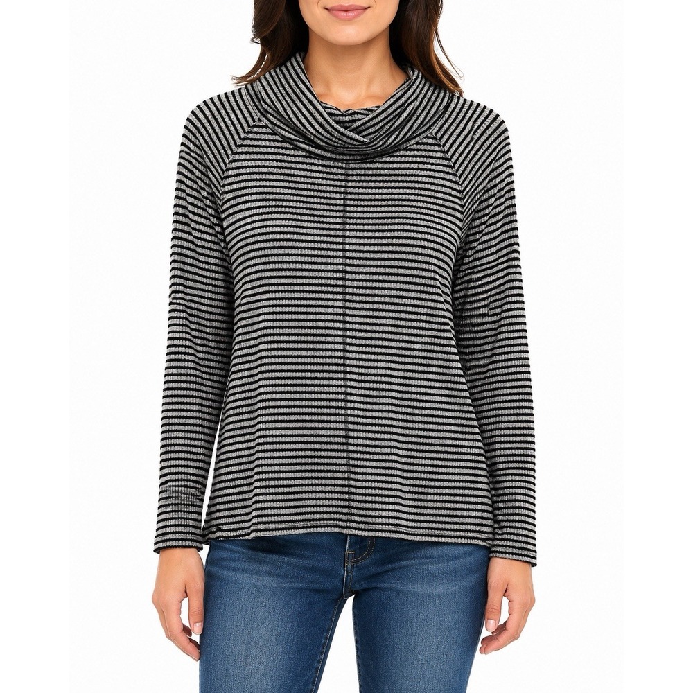 Weekends by Chicos Womens Striped Cowl Neck Pullover Sweater Black Gray Size 1